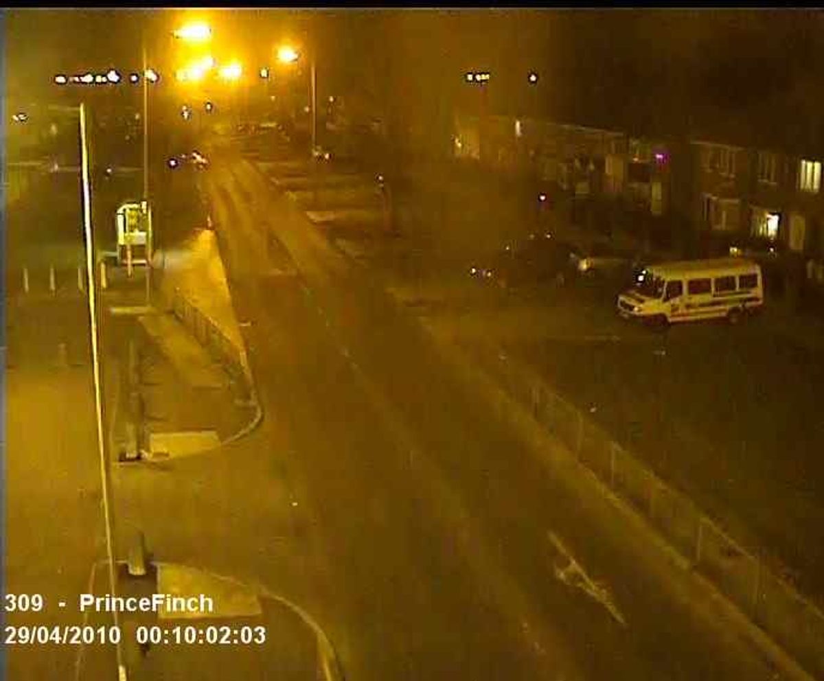 CCTV footage of a car, top left, that police want to trace in connection with the murder of Nicky Ayers