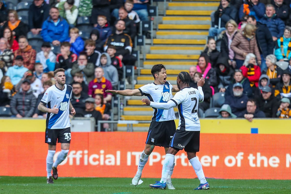 Birmingham City's Tomoki Iwata celebrates scoring at the MKM Stadium, Hull.