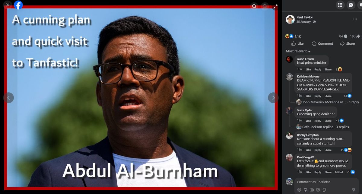 A picture depicting Andy Burnham by Paul Taylor, Reform UK candidate in Waterhead, Oldham