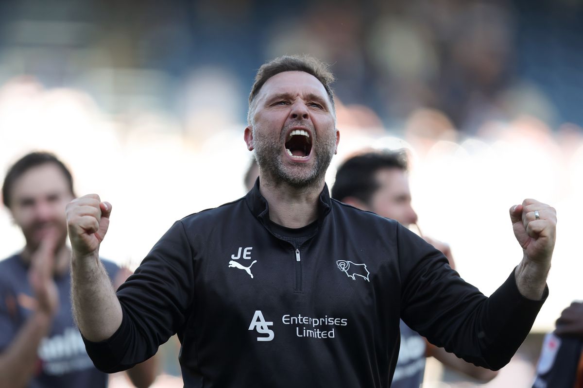 John Eustace, manager of Derby County, celebrates victory over QPR at Loftus Road as Derby came from behind on two occasions to seal a 3-2 win.
