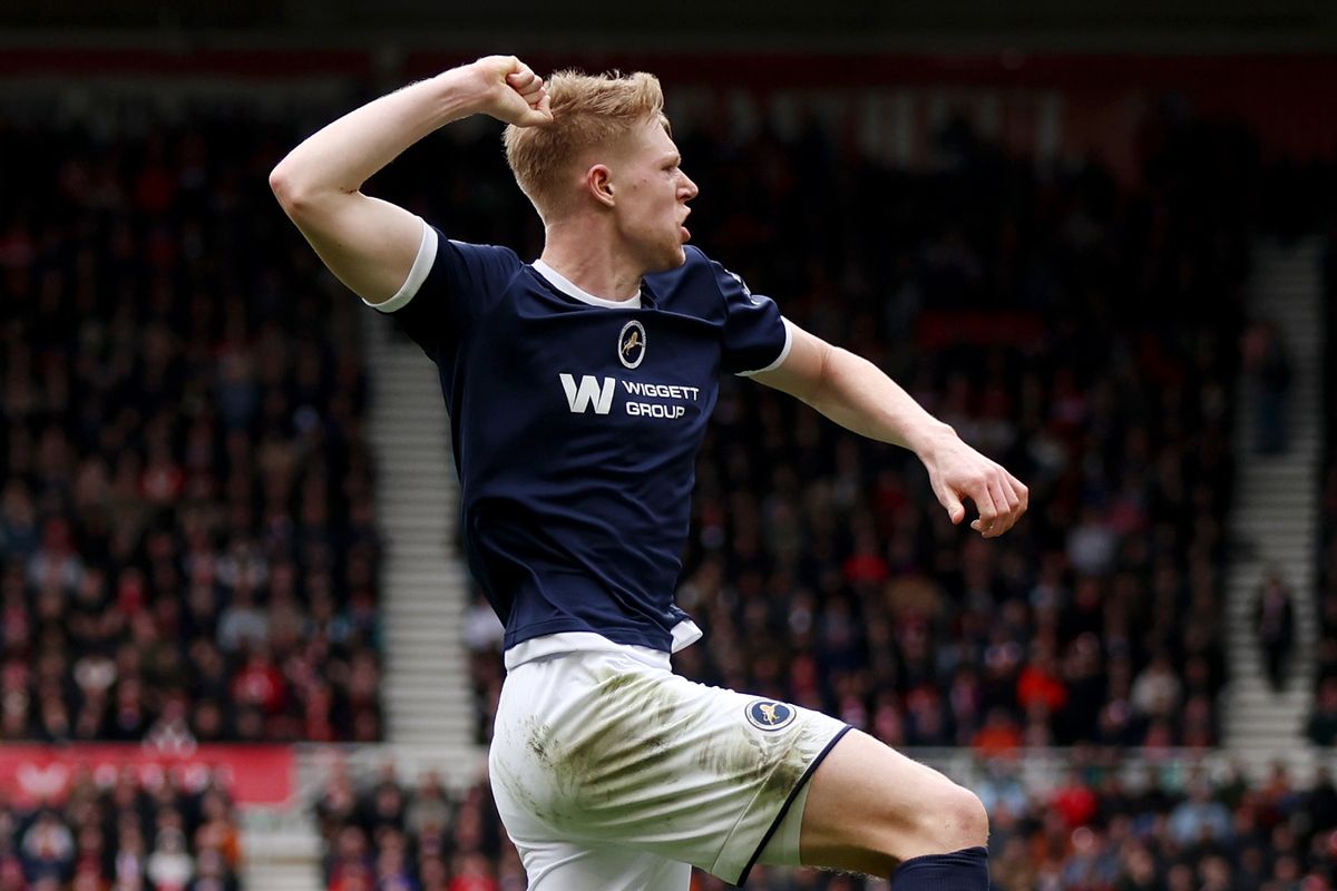Josh Coburn of Millwall celebrates scoring against Middlesbrough