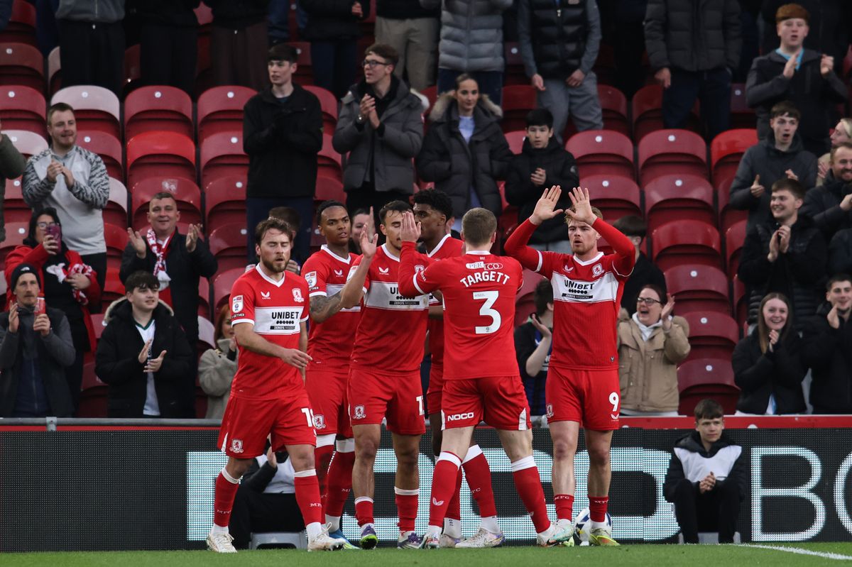 Players of Middlesbrough celebrate their opening goal