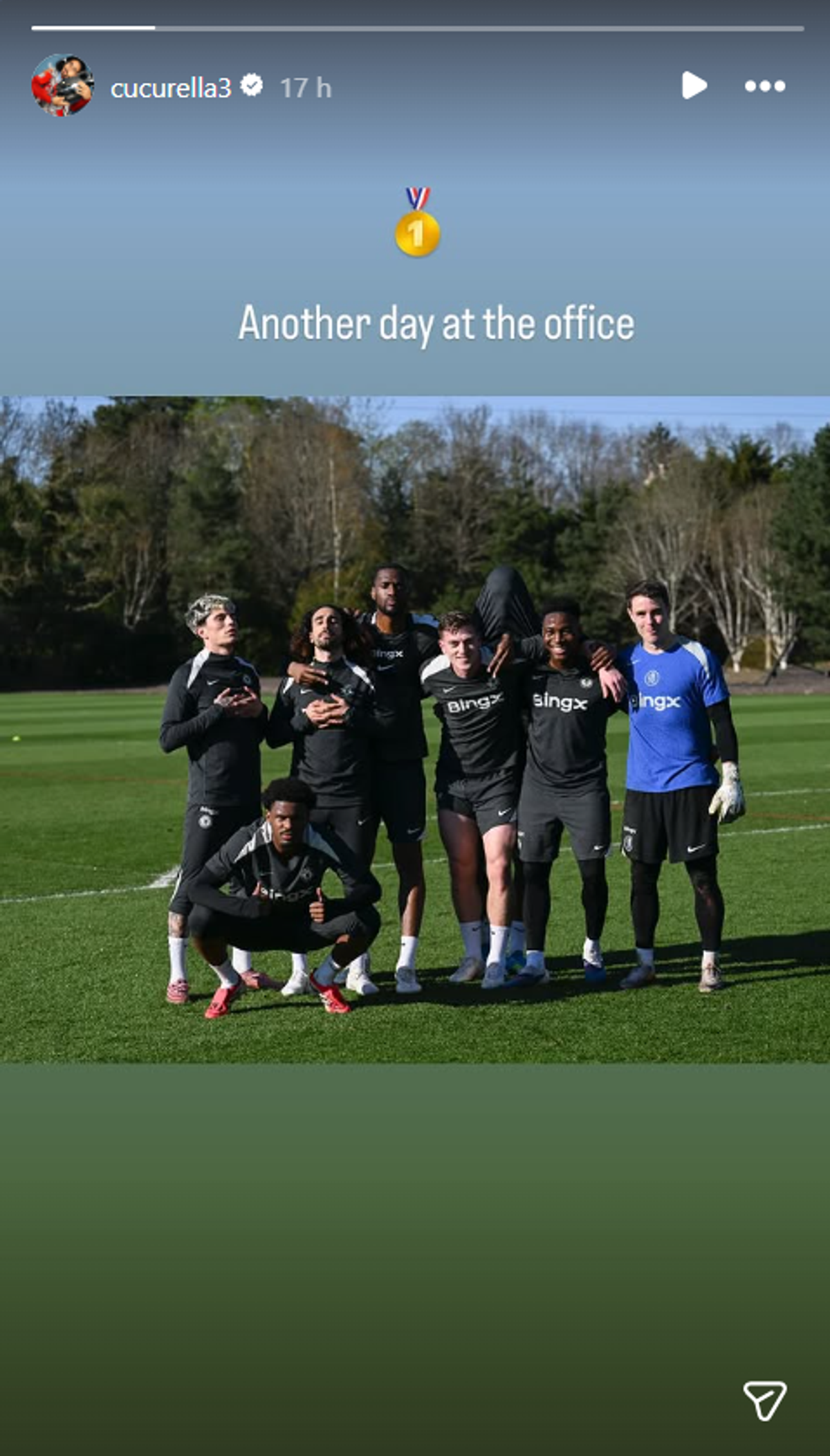 Marc Cucurella poses with mystery Chelsea goalkeeper in training
