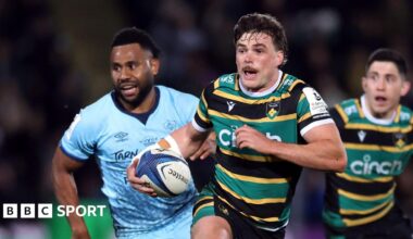 George Furbank runs with the ball in hand for Northampton against Castres