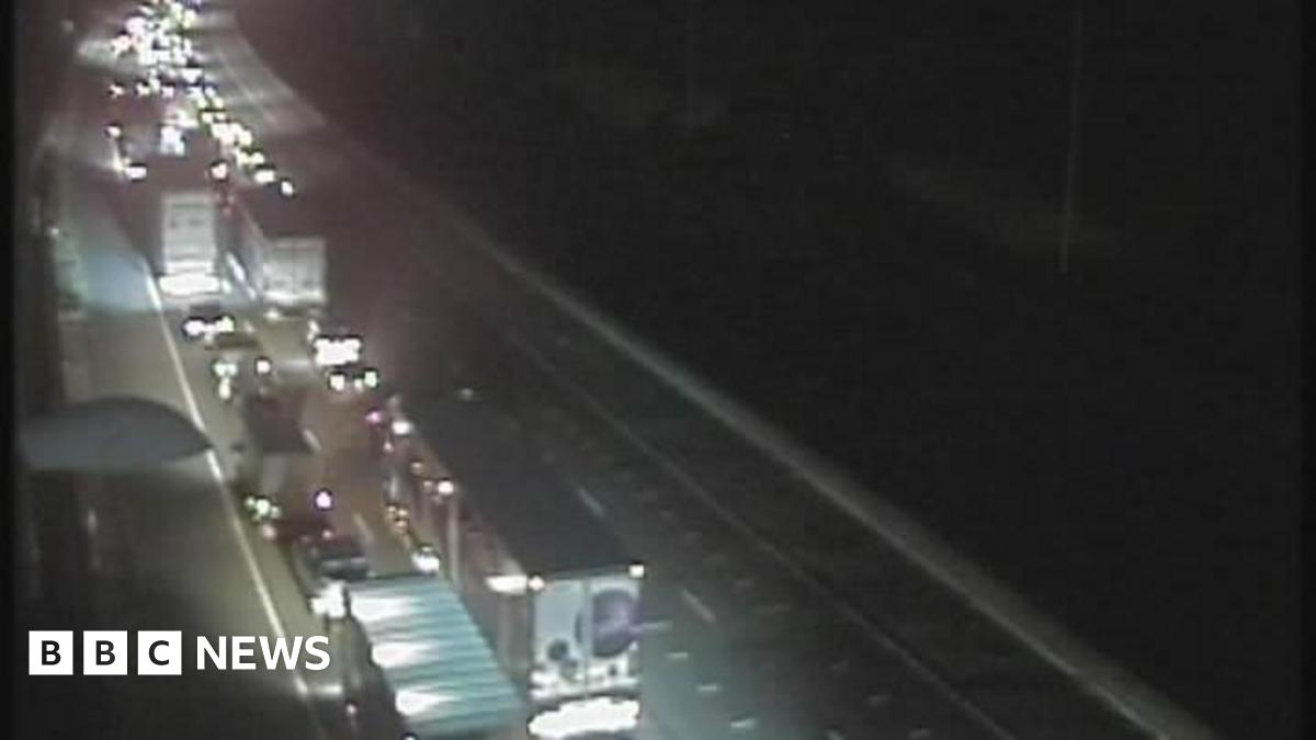 A traffic camera image of traffic queued on the M25.