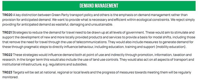 Mr Polanski’s party would pursue a deliberate policy of travel ‘demand management’ if they were in government, with the primary objective being to reduce ‘speeds and volume of motorised traffic’