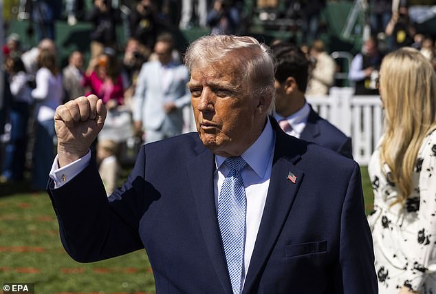 At one point the Trump-friendly crowd began chanting 'for more years,' to which the President pumped his fist