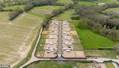 Pictured: the site of a 17-plot community in Alford, Surrey, where travellers descended last weekend