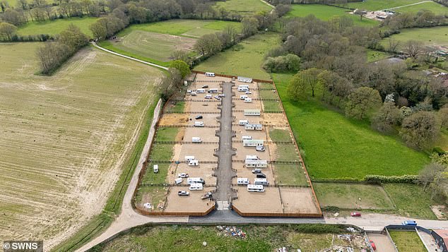 Pictured: the site of a 17-plot community in Alford, Surrey, where travellers descended last weekend