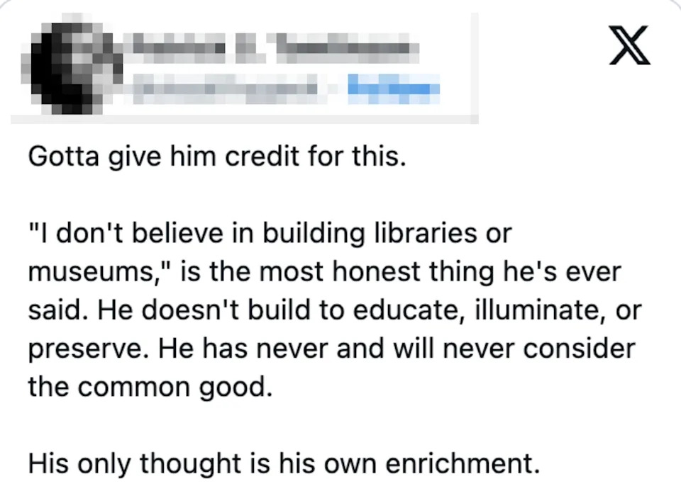 Patrick S. Tomlinson criticizes someone for prioritizing personal enrichment over public good, noting a lack of support for libraries or museums