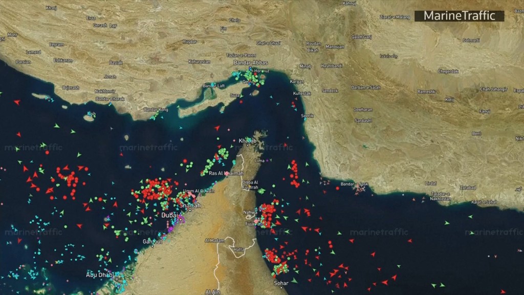 Vessel tracker showing traffic in the Strait of Hormuz.