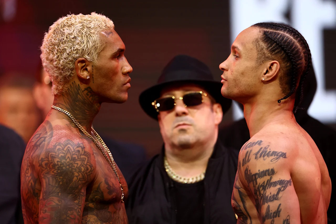 British boxer Conor Benn (L) faces off with US boxer Regis Prograis during a ceremonial weigh-in in central London on April 10, 2026, ahead of their boxing match on April 11. (Photo by Henry NICHOLLS / AFP via Getty Images)