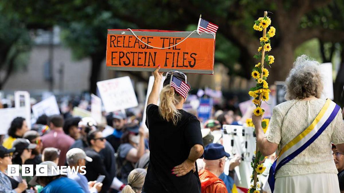 A woman holds a sign at a protest saying "release the epstein files"