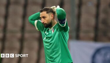Gianluigi Donnarumma reacts with disappointment after Italy fail to make the 2026 World Cup