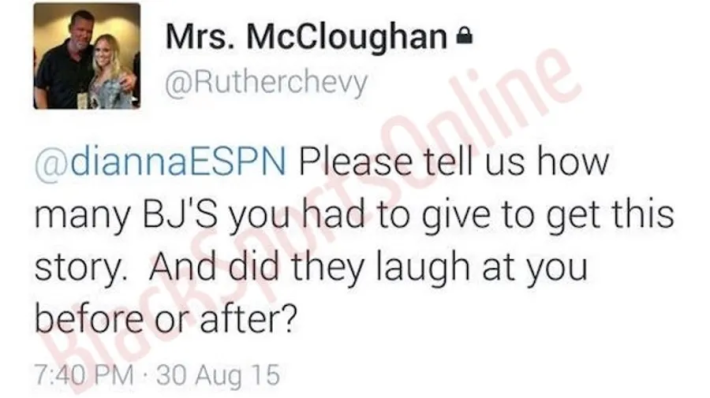 A tweet in which Scot McCloughan's wife accuses Dianna Russini of exchanging blowjobs for scoops