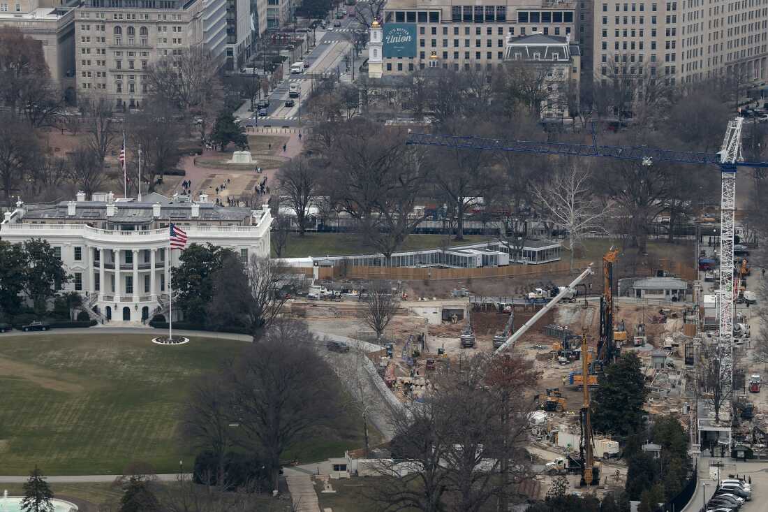 Viewed from the observation level of the Washington Monument, demolition work continues where the East Wing once stood at the White House on January 05, 2026 in Washington, D.C.