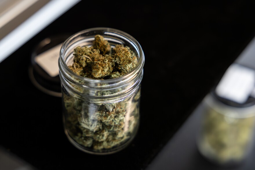 A jar of ATX Organics THCA hemp flower is pictured on Wednesday, Aug. 27, 2025, at ATX Organics in Austin. 