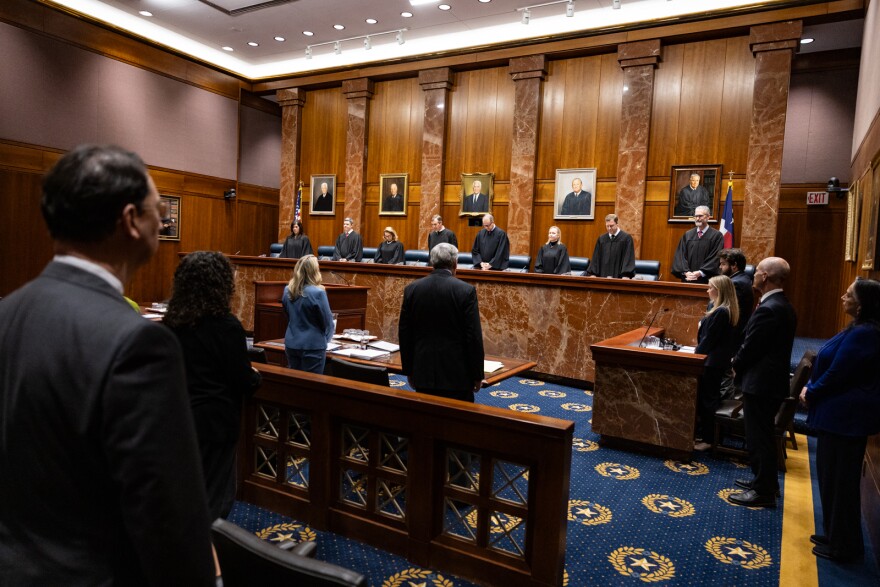 The court rises before oral arguments in Texas Department of State Health Services, and Dr. Jennifer A. Shuford v. Sky Marketing Corp., D/B/A Hometown Hero; Create a Cig Temple, LLC; Darrell Surif; and David Walden, at the Texas Supreme Court building on Wednesday, January 14, 2026.