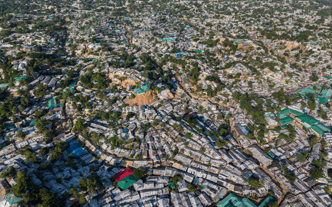 FILE - An aerial view of a Rohingya refugee camp, home to over a million of Myanmar's persecuted Rohingya minority, covers the land in Cox's Bazar, Bangladesh, Nov. 25, 2025.