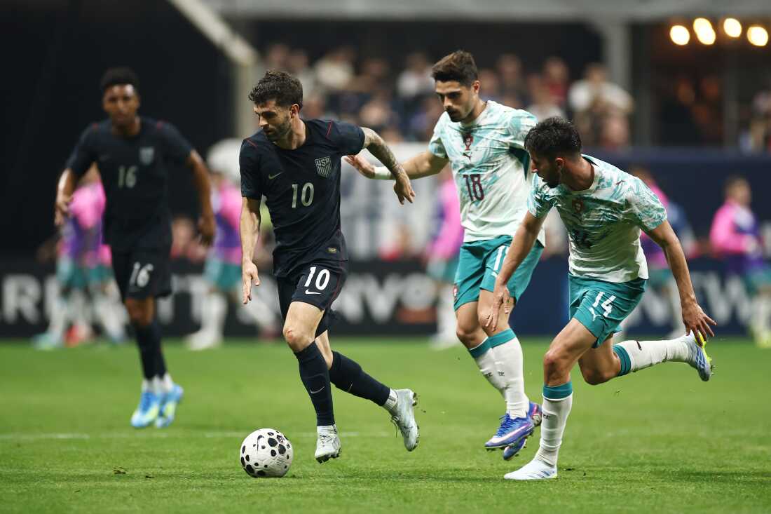 U.S. forward Christian Pulisic (left) sprints ahead of Portugal's Pedro Neto and Goncalo Inacio in a World Cup tune-up match against Tuesday in Atlanta. Portugal bested the U.S. 2-0, handing the Americans another tough loss against tough European competition (Belgium defeated the USMNT 5-2 on Saturday).