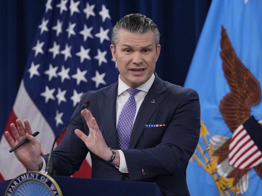 Defense Secretary Pete Hegseth speaks to members of the media during a press briefing at the Pentagon in Washington, Tuesday, March 31, 2026.
