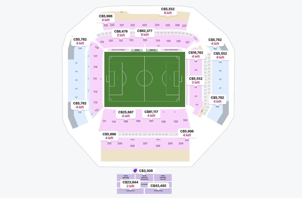 Screenshot of resale ticket prices for a soccer game.