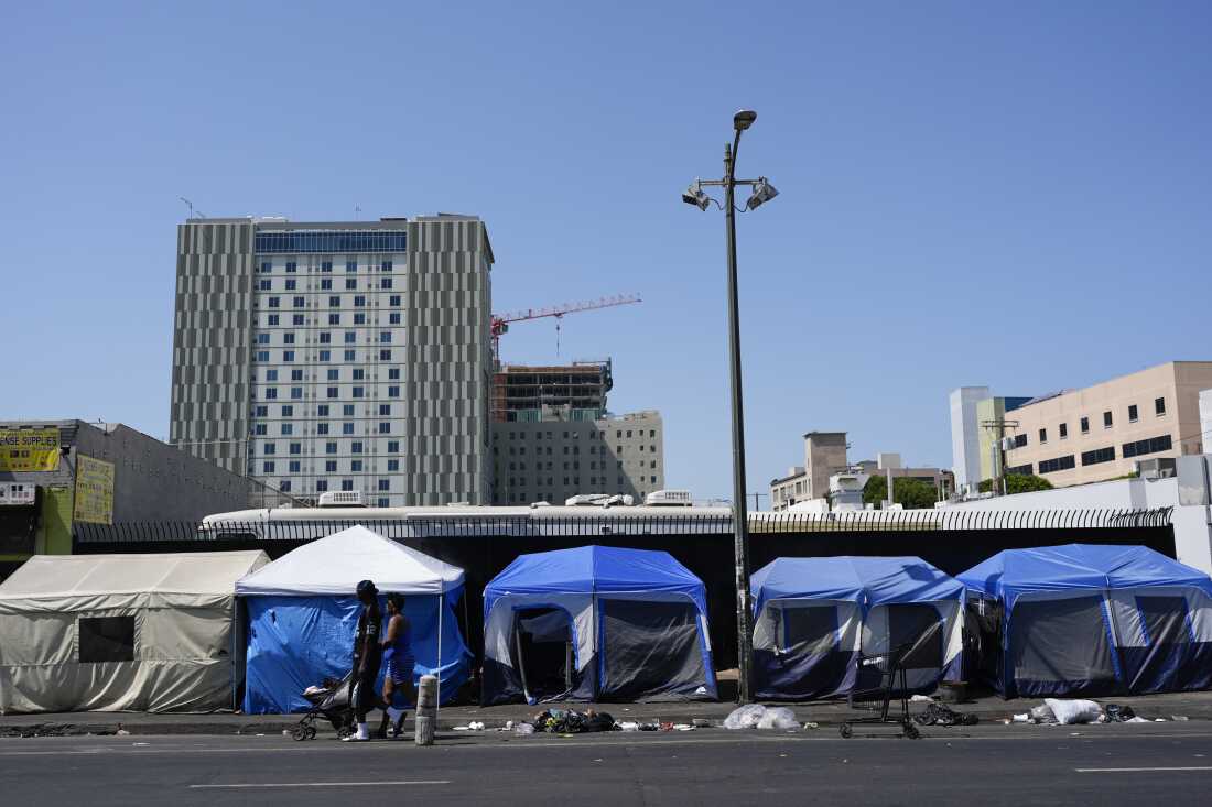 Tents are lined up on Skid Row Thursday, July 25, 2024, in Los Angeles. 