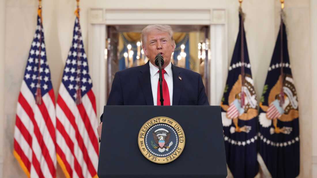 President Trump speaks about the war in Iran from the Cross Hall of the White House on April 1, 2026.