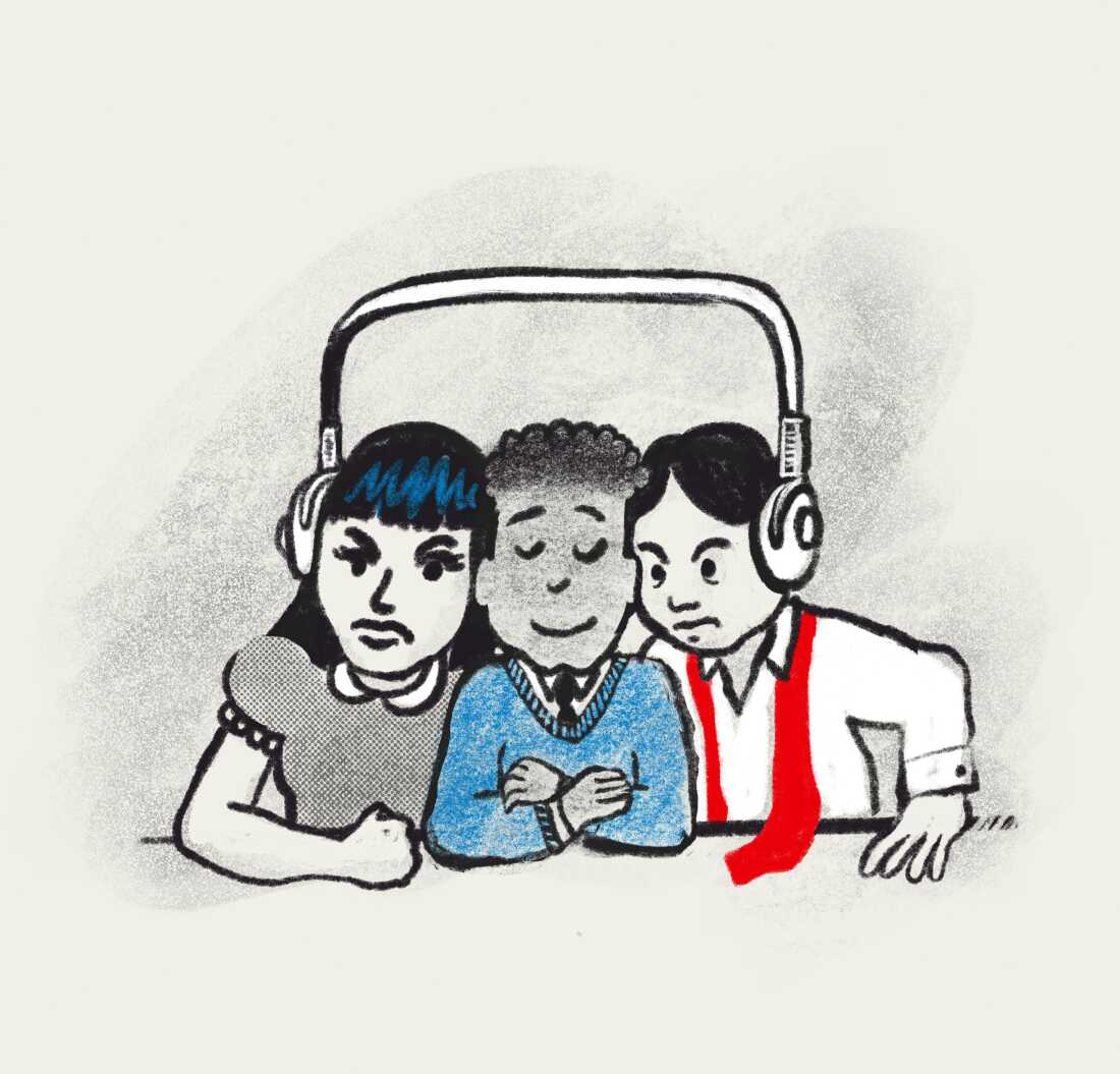 Illustration of three people with their heads together, listening to a pair of headphones. The person in the middle is content (because he can't hear anything) but those on either side of him are visibly annoyed by what they're listening to.