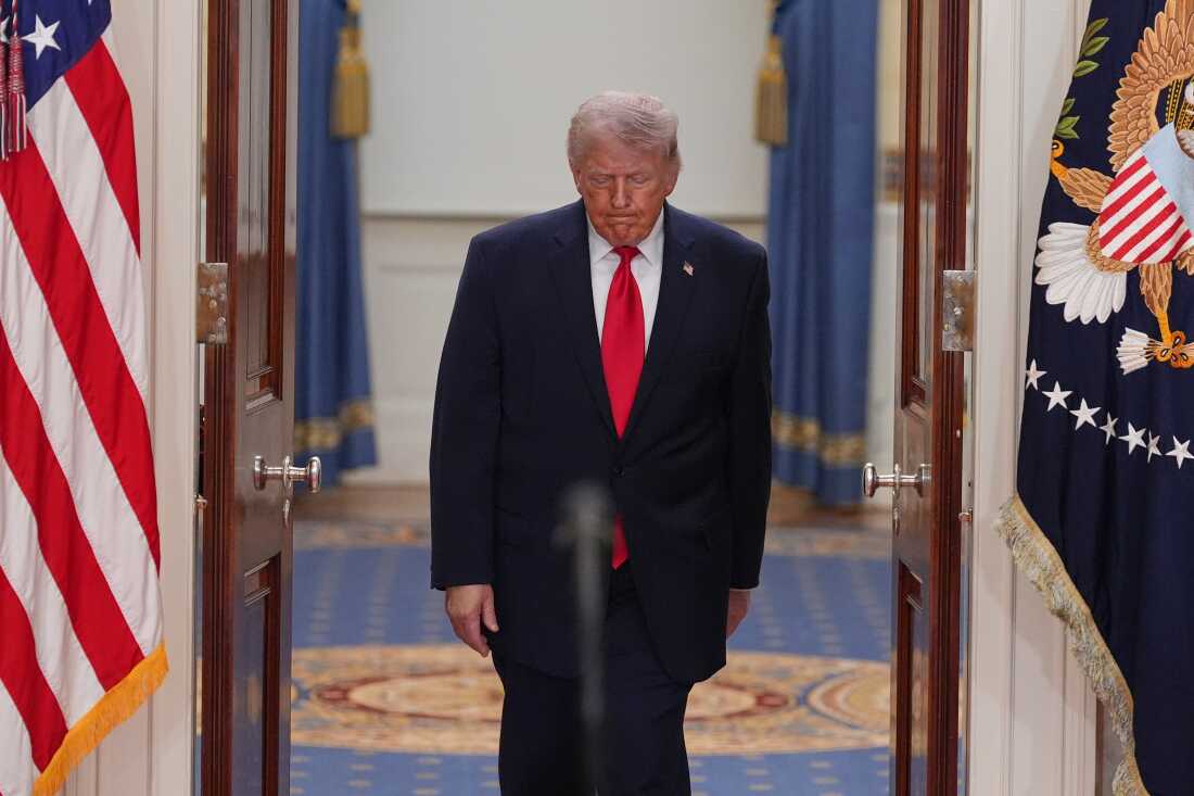 President Trump speaks from the Cross Hall of the White House on April 1. Trump used the prime-time address to update the nation on the war in Iran.