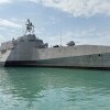 The US Navy's USS Cincinnati littoral combat ship (LCS) arrives for a port call at the Ream Naval base, located in Cambodia's southern coast in Preah Sihanouk province, on Jan. 24, 2026. Several vessels of the same class have been equipped for mine-clearing operations.