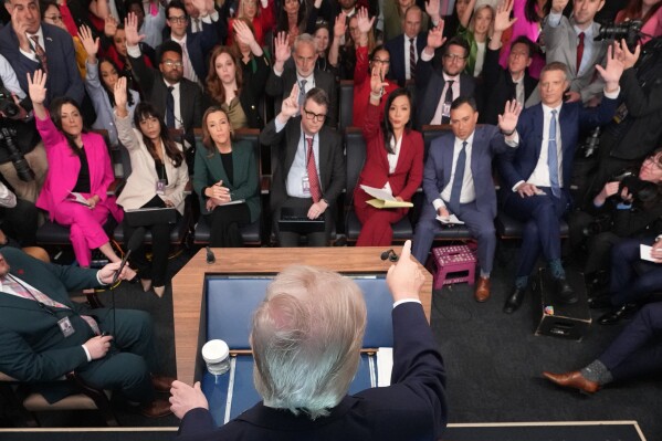 President Donald Trump speaks with reporters during a news conference in the James Brady Press Briefing Room at the White House, Monday, April 6, 2026, in Washington. (AP Photo/Mark Schiefelbein)