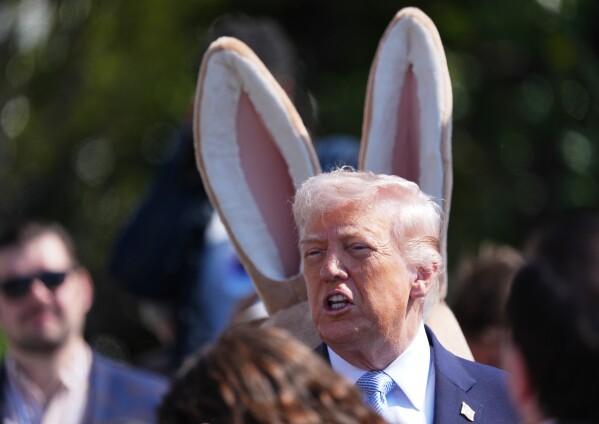 President Donald Trump participates in the White House Easter Egg Roll on the South Lawn of the White House, Monday, April 6, 2026, in Washington. (AP Photo/Mark Schiefelbein)