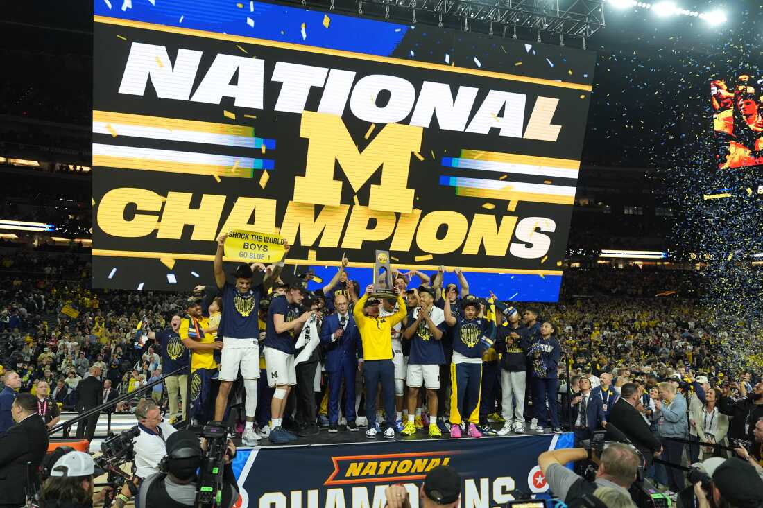 Michigan celebrates after defeating UConn in the NCAA college basketball tournament national championship game at the Final Four, Monday, April 6, 2026, in Indianapolis.