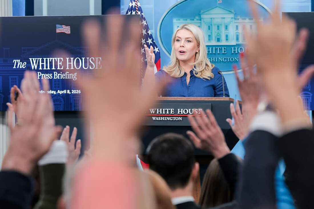 White House Press Secretary Karoline Leavitt speaks during a news briefing in the James S. Brady Press Briefing Room of the White House on April 8, 2026 in Washington, DC.