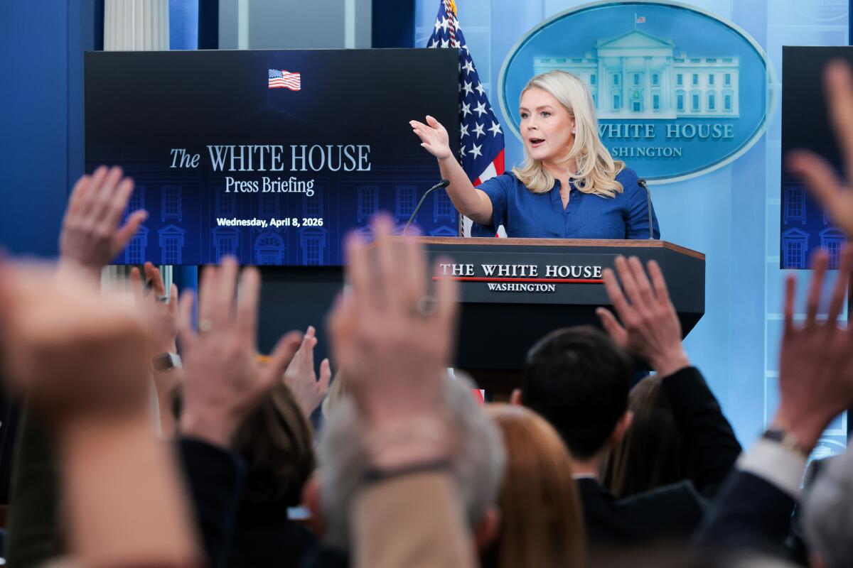 White House Press Secretary Karoline Leavitt speaks during a news briefing in the James S. Brady Press Briefing Room