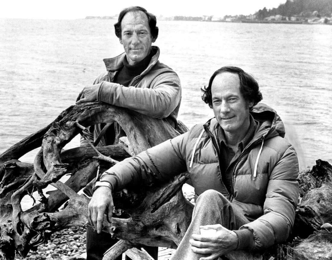 Lou Whittaker, left, and his brother Jim Whittaker, right, pose for a portrait at Jim's house, in 1980, in Seattle.