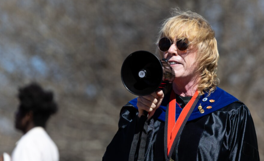 A Texas Tech University professor speaks at a rally against changes to course content imposed on faculty by the university on February 26, 2026.