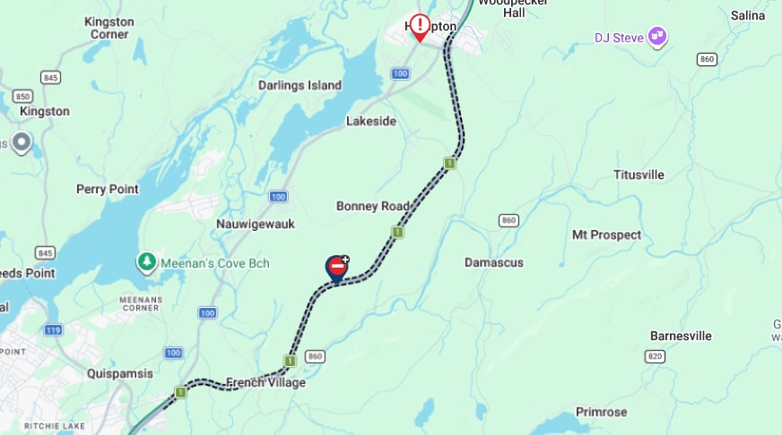 A map of the Hampton area of New Brunswick with dotted lines over a section of the highway with a closed symbol.