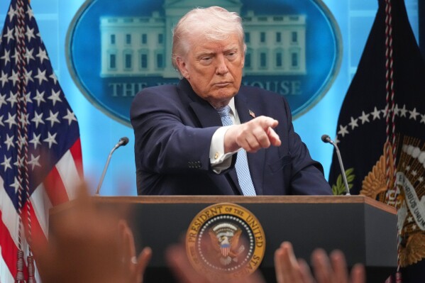 President Donald Trump speaks with reporters during a news conference in the James Brady Press Briefing Room at the White House, Monday, April 6, 2026, in Washington. (AP Photo/Mark Schiefelbein)