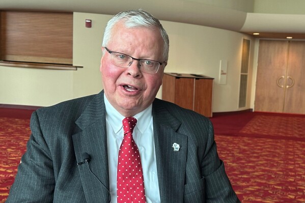 Fired Universities of Wisconsin President Jay Rothman speaks during an interview with The Associated Press on Wednesday, April 8, 2026, in Madison, Wis. (AP Photo/Scott Bauer)