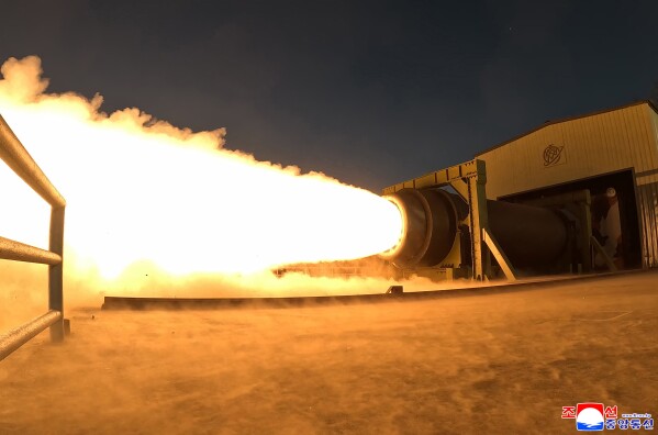 This undated photo provided on March 29, 2026 by the North Korean government, shows what it says a solid-fuel engine test at an undisclosed place in North Korea. Independent journalists were not given access to cover the event depicted in this image distributed by the North Korean government. The content of this image is as provided and cannot be independently verified. Korean language watermark on image as provided by source reads: "KCNA" which is the abbreviation for Korean Central News Agency. (Korean Central News Agency/Korea News Service via AP)