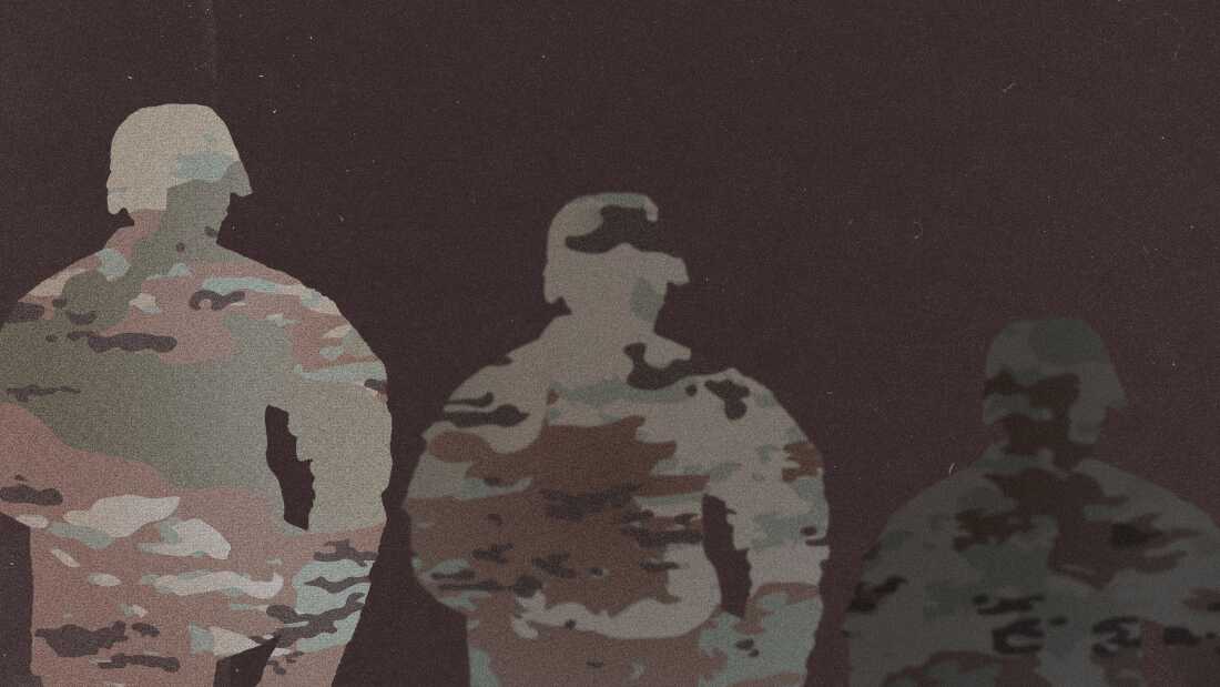 A collage of three silhouettes of a soldier filled in with a camouflage pattern, slowly becoming blurrier and less transparent from left to right.