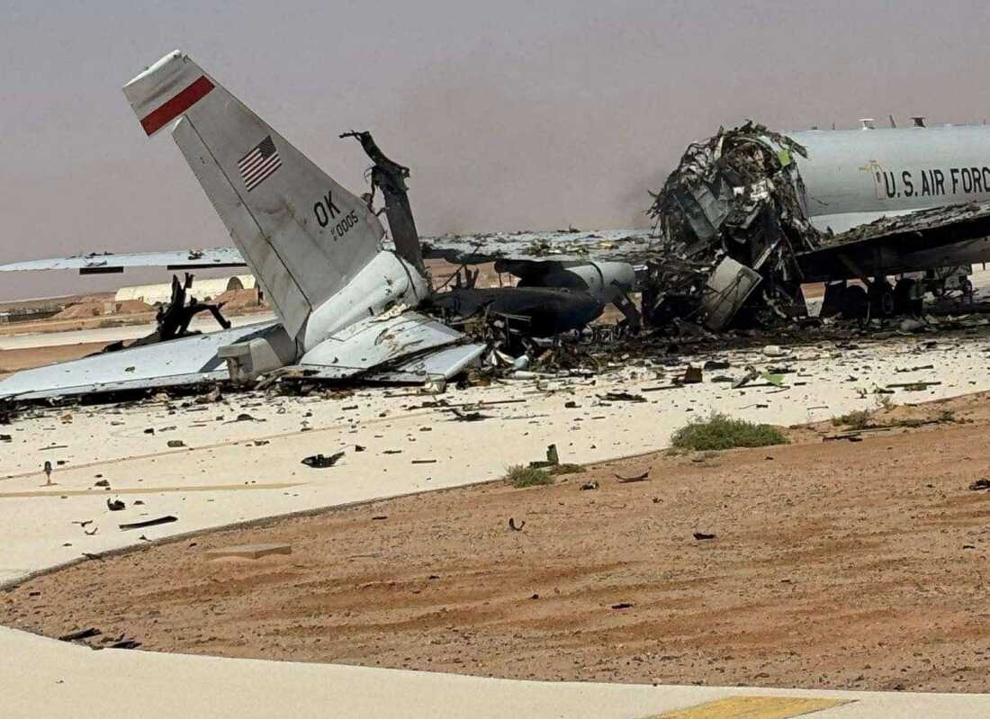 A damaged U.S. Boeing E-3 Sentry airborne warning and control aircraft lies in pieces on the ground following an Iranian strike on the airbase, amid the U.S.-Israeli conflict with Iran, at Prince Sultan Air Base in Saudi Arabia in this picture obtained from social media released on March 29.