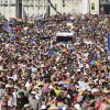 Participants in the Pride march cross the Elisabeth Bridge in Budapest, Hungary, on Saturday.