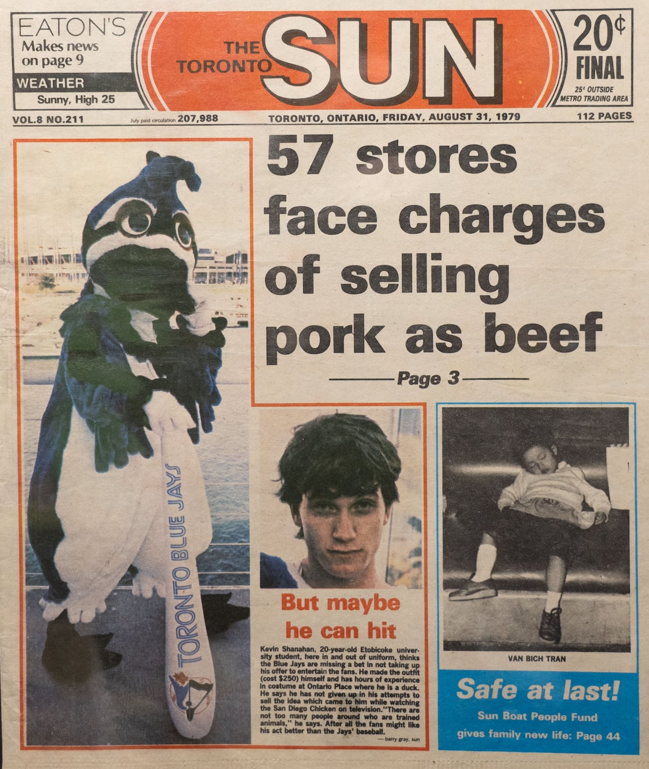 Toronto Sun newspaper cover from August 31, 1979 with a mascot blue jay bird and his bat