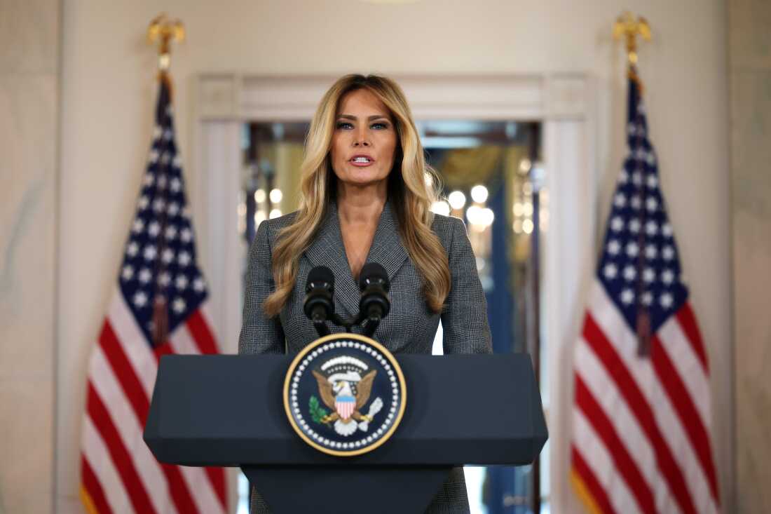 First lady Melania Trump delivers a statement at the Grand Foyer of the White House on April 9, 2026 in Washington, D.C.