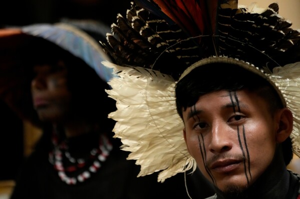 An Indigenous man eyes the camera while attending a Supreme Court session, where justices discuss a case about reducing the size of Jamanxim National Park, in Brasilia, Brazil, Wednesday, April 8, 2026. (AP Photo/Eraldo Peres)