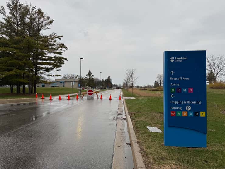 A road through the east side of the Lambton College campus is closed as Sarnia police investigate a homicide. April 10, 2026. Blackburn Media photo by Melanie Irwin.