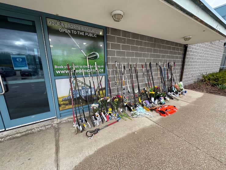 A memorial set up for Dane Nisbet outside of The Den. April 13, 2026. (Photo by Melanie Irwin)